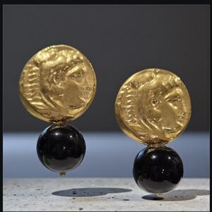 18k Gold Plated Ancient Coin Onyx Crystal Ball Pierced Earrings